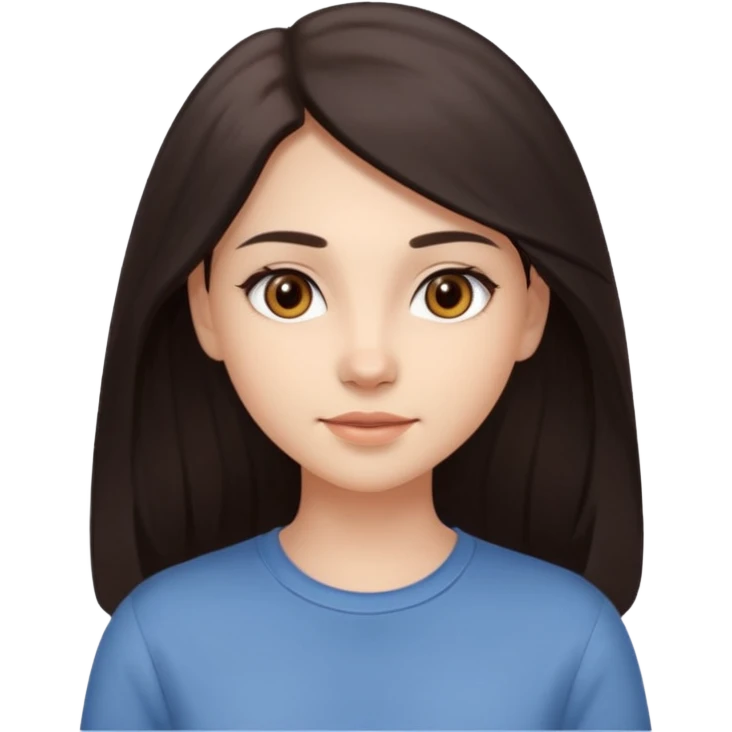 Create an Apple-style emoji of a young woman with long dark hair, brown eyes, natural look, smooth skin, soft shading, simple outfit, cute and friendly expression. emoji