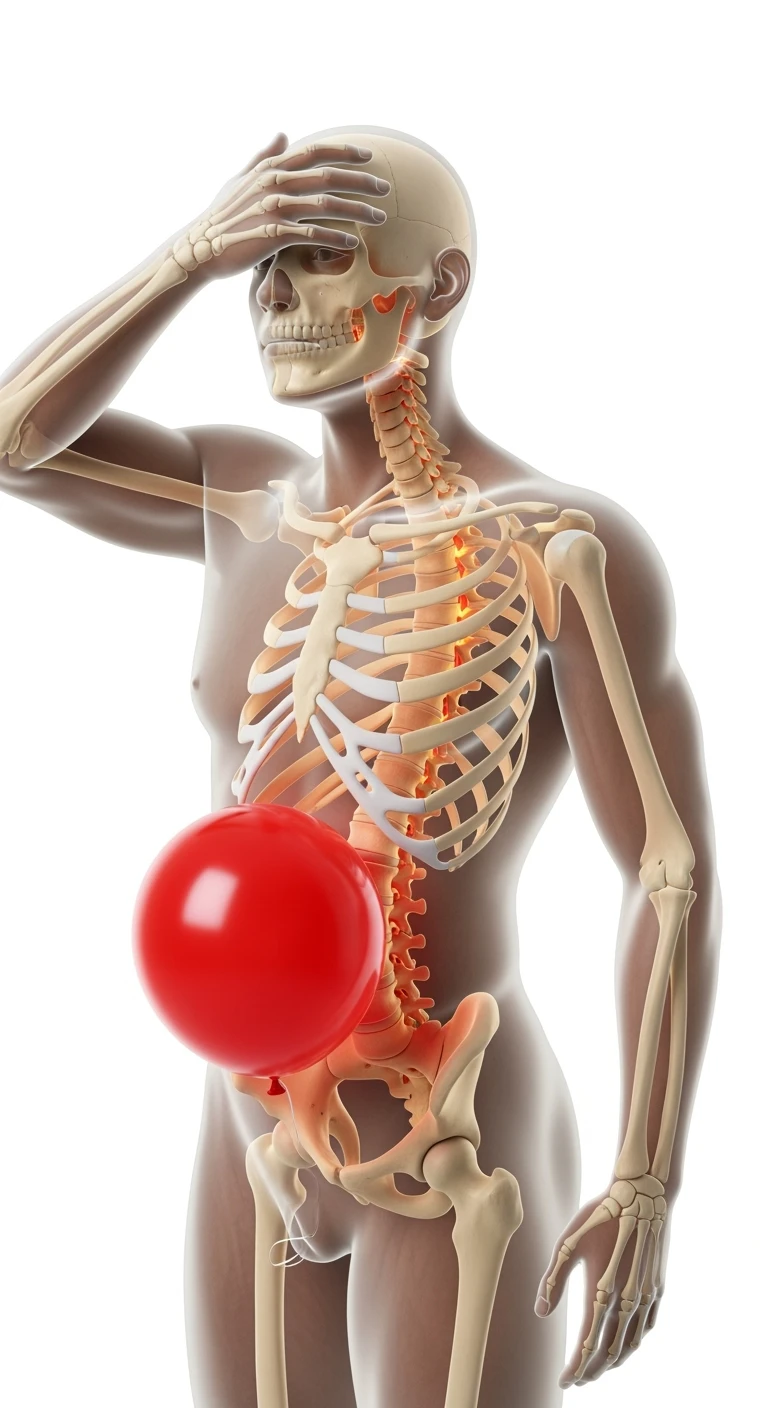 corpo umano anatomico realistico con spina dorsale anatomica in evidenza e palloncino rosso sulla pancia, si tiene una mano sulla fronte disperata per la pancia gonfia, iperrealistica 4k, isolato su sfondo bianco emoji