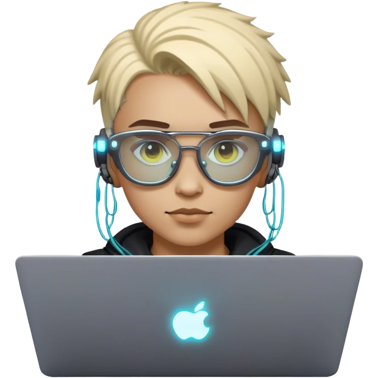 An emoji of a person with a laptop, but wearing cyberpunk glasses and with a slight neon glow emoji