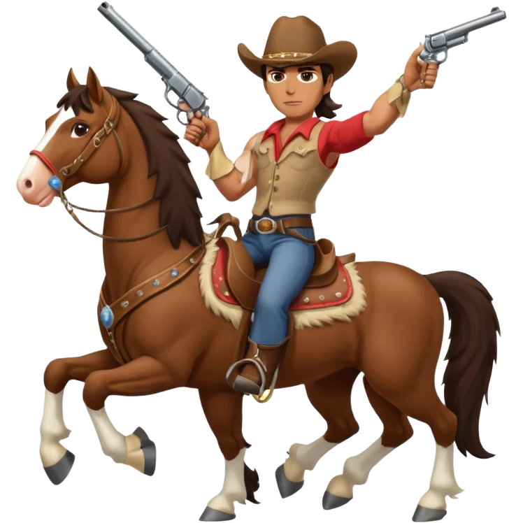 I need a very muscular brunette cowboy riding a large Clydesdale horse shooting a gun in both handles. emoji