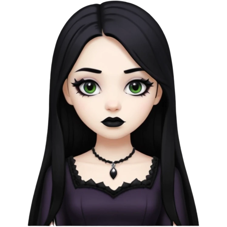 a goth girl with black long eyeliner and black lipstick and goth dress and white skin and black long hair emoji