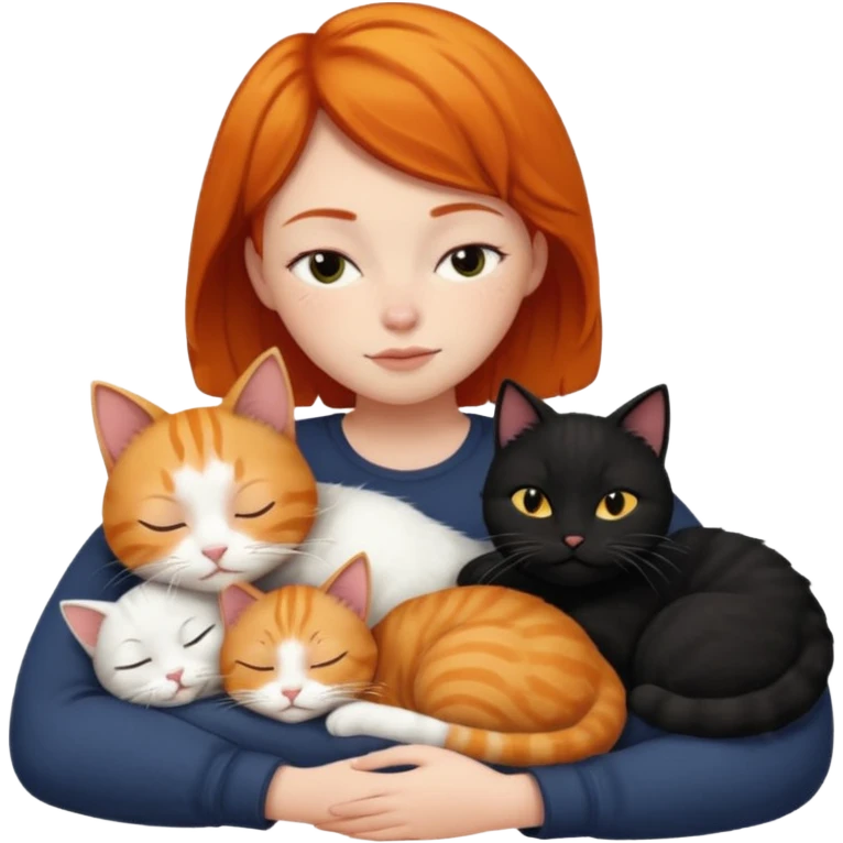 Ginger Girl short hair sleeping with two cats a black and a white bigger cat  emoji