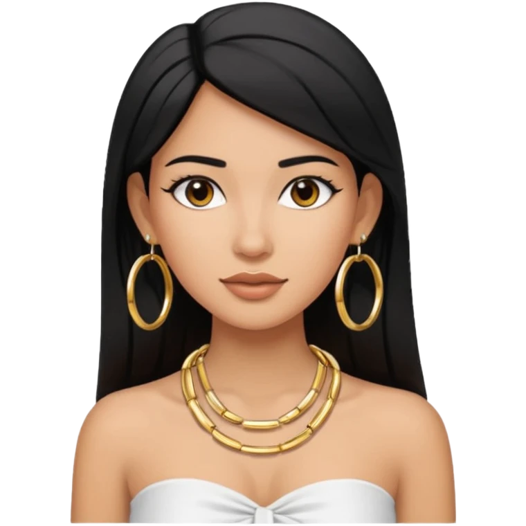 latina makeup olsun, saçları düz, halka küpeler büyük gümüş renginde olsun, kolye taksın ve beyaz bir Bandeau top kıyafet giyisin emoji