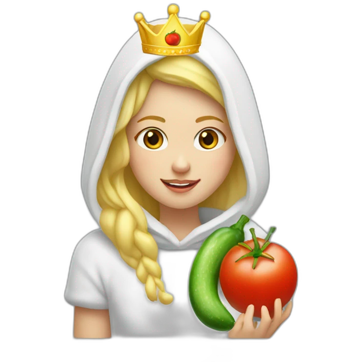blonde girl  eating  cucumber and tomatoes with white hoodie iridescent and a crown princess emoji