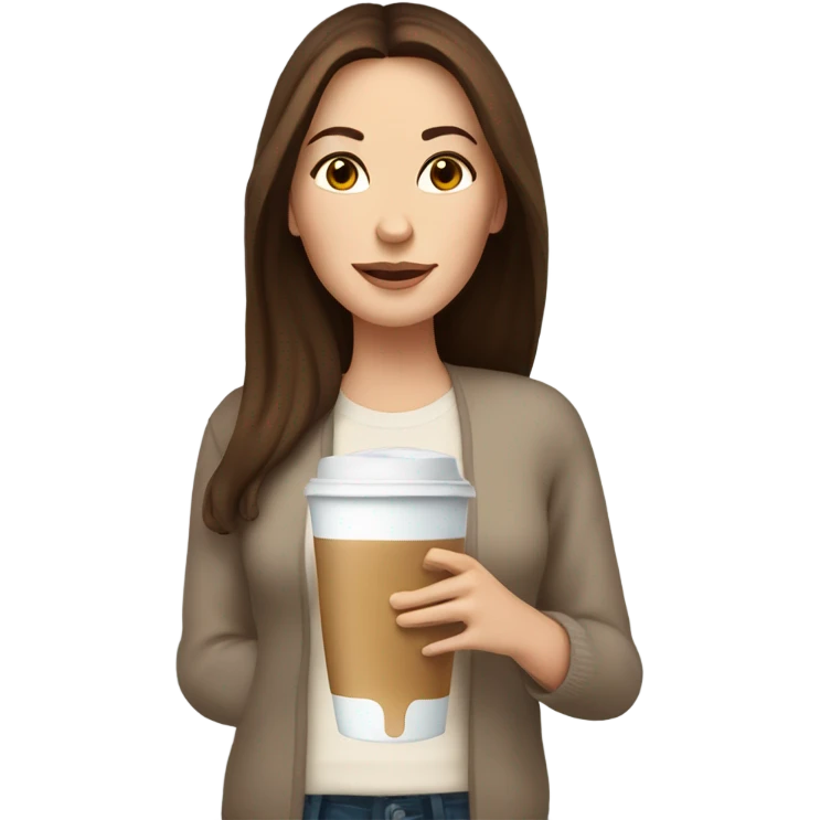 Beautiful white woman mom, long straight brown hair, brown eyes, cozy holding an iced coffee, white sweater emoji