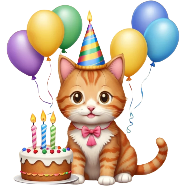 Ginger tabby kitten celebrates birthday, birthday hat, birthday cake, one candle, balloons, happy, gifts emoji