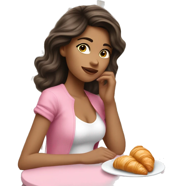 Attractive brunette girl sitting on a white chair wearing jeans and white shoes and pink top with a pink bow in her hair eating a croissant at a table in Paris  emoji