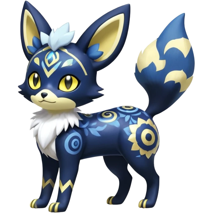 Shiny mExotic Colorfulj Excessive Mysterious Gothic Meowstic-Umbreon-Poochyena-Pokémon-Fakémon-hybrid-creature (full body) with pattern-markings with golden eyes emoji
