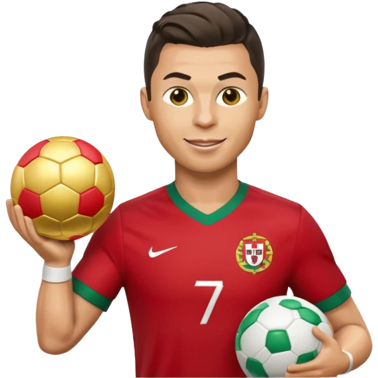 Cristiano Ronaldo as an apple-style emoji, winking, holding a golden ball, Portugal jersey emoji