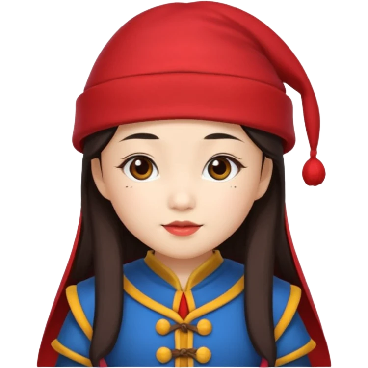 Asian girl wearing dwarf costume with red hat emoji