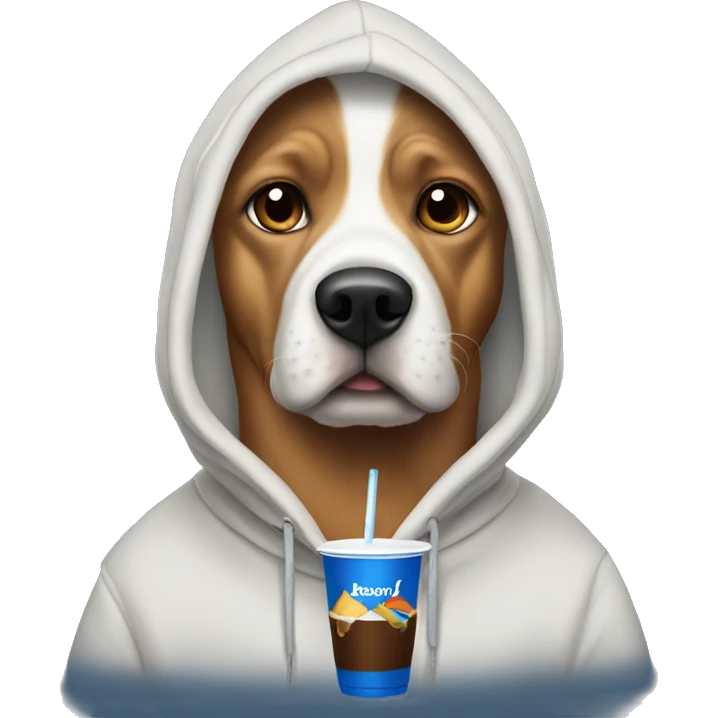Dog wearing hoodie drinking Dutch Bros emoji