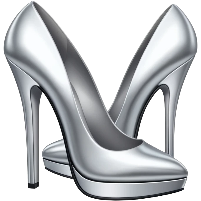 A pair of high heel shoes emoji made of polished silver chrome, elegant sharp silhouette, smooth metallic surface, glossy reflections, luxury sexy vibe, minimalistic iOS emoji style, centered, clean white background emoji