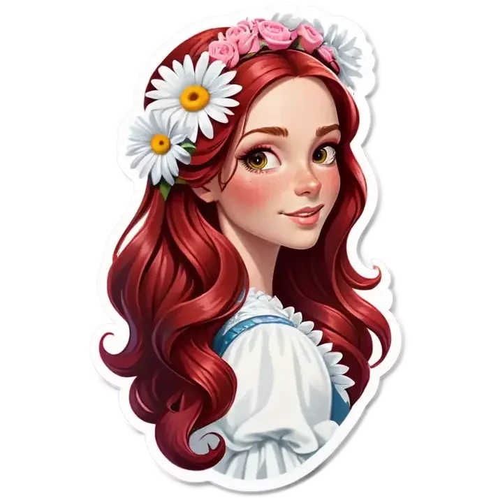 Realistic european woman with long red  hair with pink roses & white daisies in hair emoji
