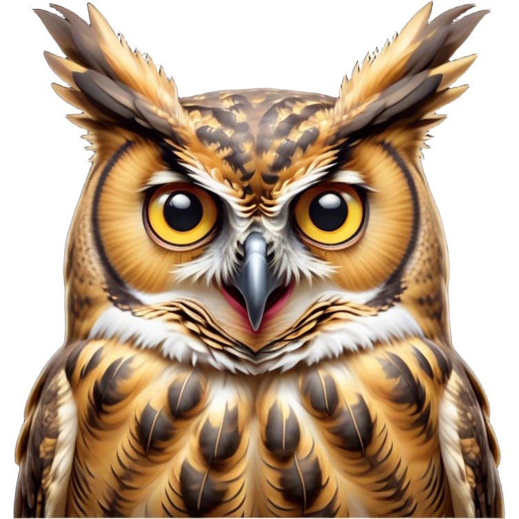 Cinematic Comical Great Horned Owl Portrait Emoji, Head tilted dramatically with an exaggeratedly amused expression, featuring a strikingly patterned mottled plumage with bold contrasts, wide, expressive golden eyes filled with playful disbelief, Simplified yet hilariously expressive features, highly detailed, glowing with a slightly sassy glow, high shine, dramatic yet playful, stylized with an air of cheeky nocturnal mischief, bright and endearing, soft glowing outline, capturing the essence of a spirited and over-the-top owl, so meme-worthy it feels like it could hoot its way into internet fame instantly! emoji