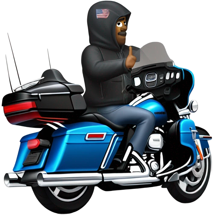 forward angled view of a harley davidson electra glide ultra classic with big blue pearl and vivid black two color paint scheme with recurve windshield, a radio antenna and a citizen's band radio antenna and an older man sitting on the front seat. emoji