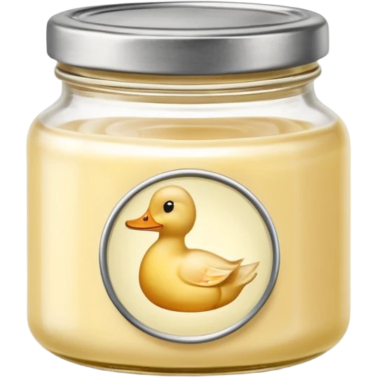 small squat glass jar of pale yellow duck fat with a metal lid, creamy layer visible, no label or extras, soft lighting, subtle shadows, emoji scale emoji