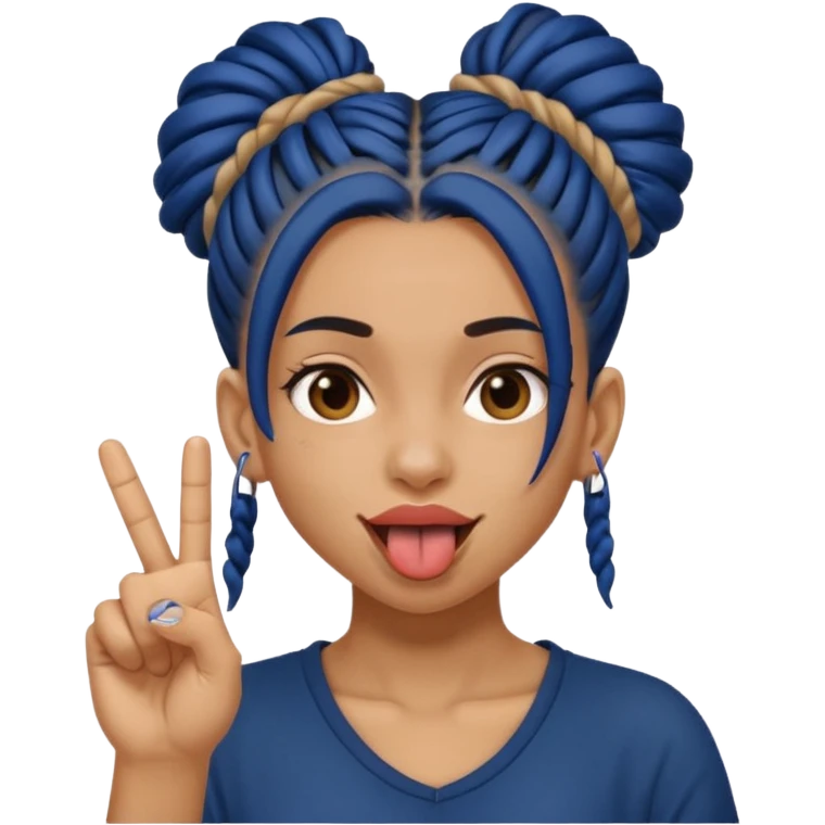 light brown girl with dark blue dreads in a bun with tongue out giving middle finger emoji