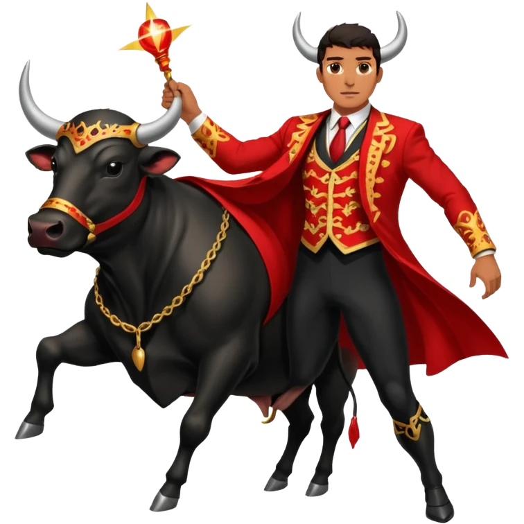 Create a realistic image of a traditional bullfighting scene in a Spanish arena.
Show a bullfighter (matador) HOLDING a red cape (muleta) not wearing one. as a powerful black bull charges toward it. emoji