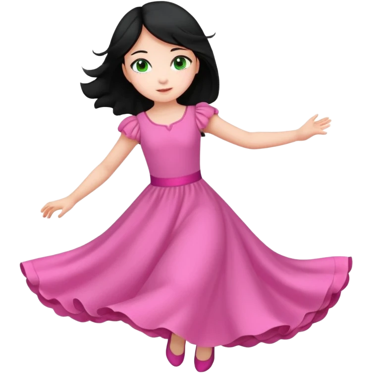Una chica de 10 años volando con la piel clara el pelo negro y los ojos verdes con un vestido largo y rosa emoji