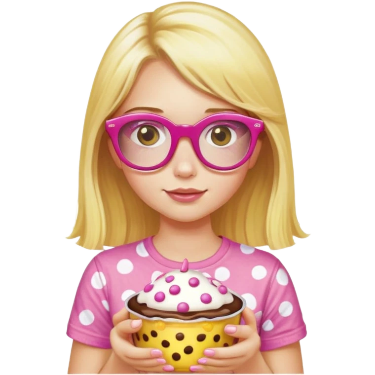 a girl with long lashes, long blonde hair, pink glasses, wearing a yellow polka dot t-shirt, holding a pudding emoji