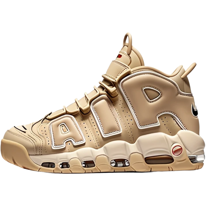 Beige Nike Air More Uptempo sneakers with large AIR letters on the sides, with one sneaker positioned slightly behind the other emoji