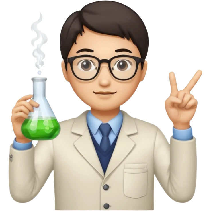 asian chemistry teacher wearing glasses holdin a flask pointing right emoji