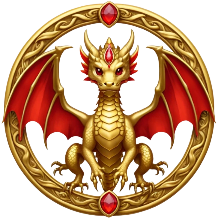 Golden dragon with wings crest / brosch in a circle with red gems and no background emoji