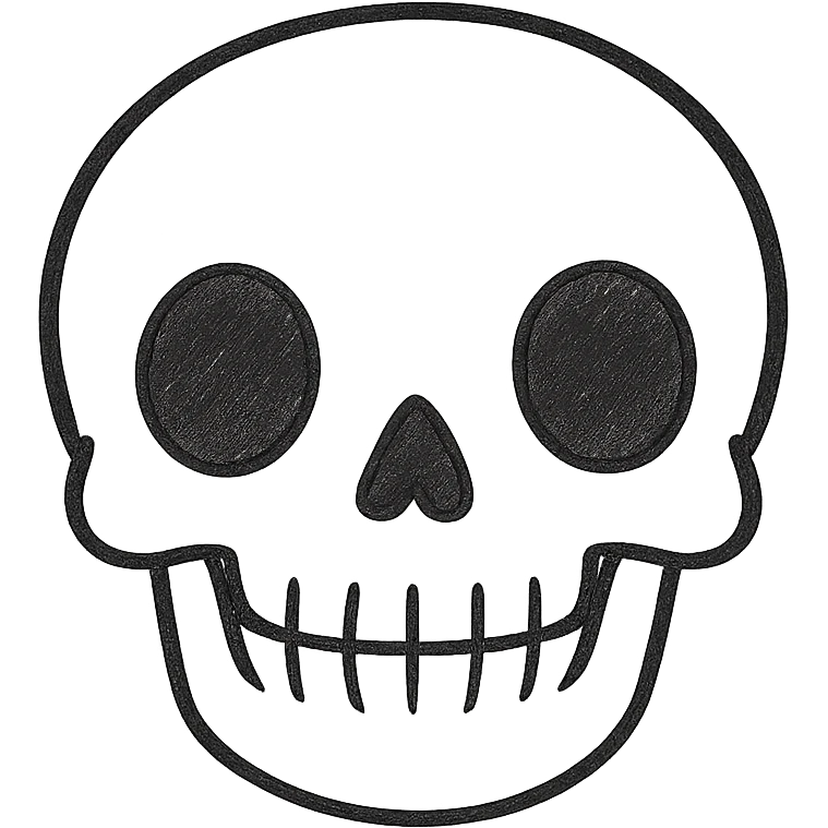 Make the skeleton head look more realistic using only black lines, no color, no shading. Keep it friendly and not scary, front view. emoji