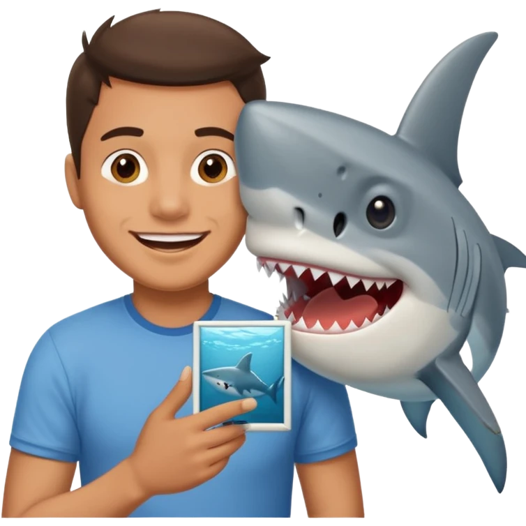 Man kissing a picture of a shark emoji