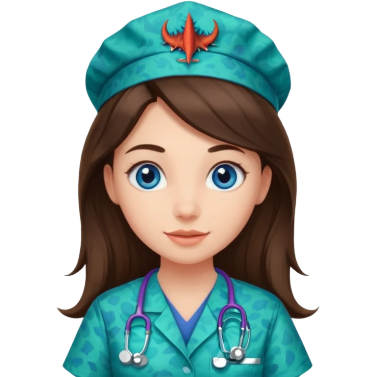 pretty brunette nurse with long hair and blue eyes in dinosaur pattern scrubs emoji