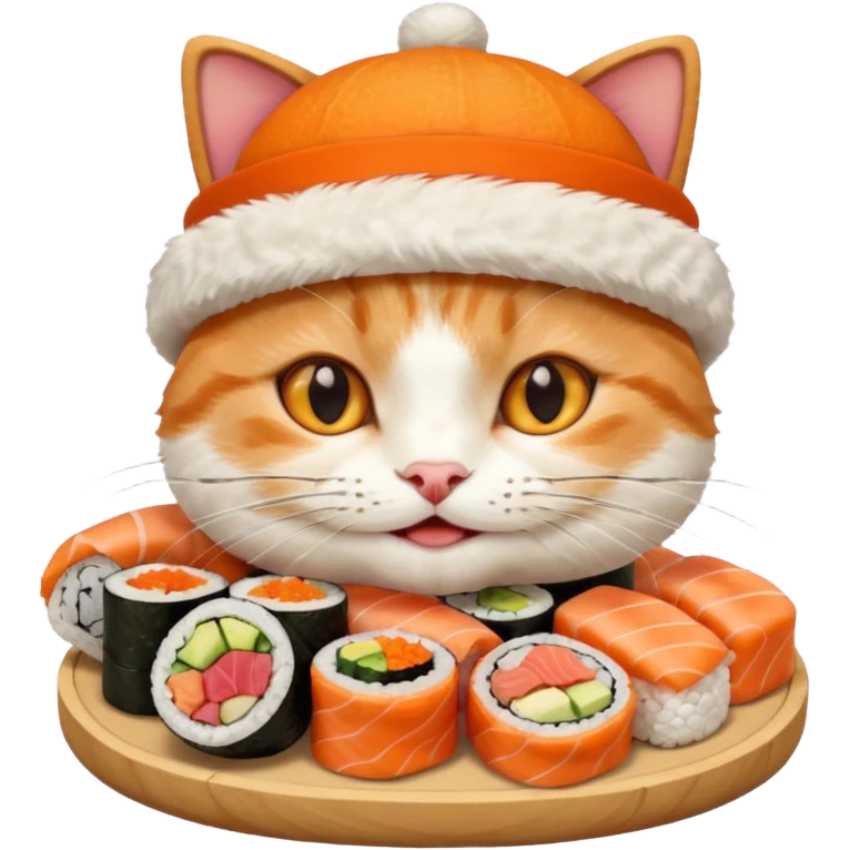 happy cat wearing a hat made out of sushi emoji