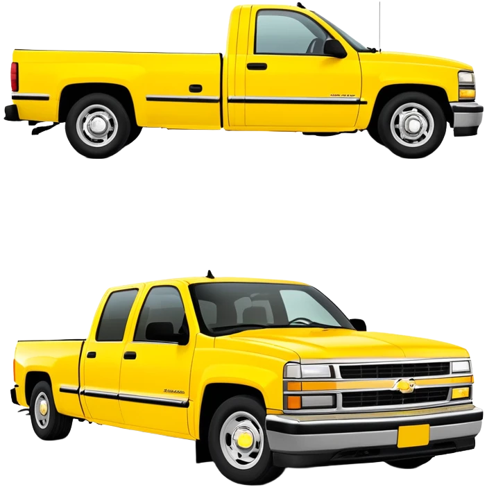 Iconic yellow 1997 Chevrolet C-2500 Crew Cab Silverado from Tarantino's Kill Bill, 30-degree perspective showing front and side, vibrant yellow paint job, minimalist style, iOS emoji emoji