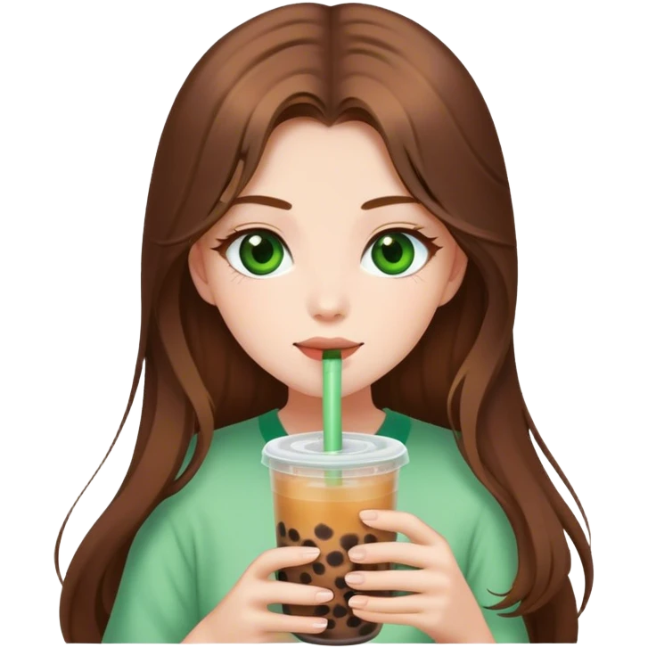 brown haired with long hair girl with green eyes and white skin drinking a boba tee drink.  emoji