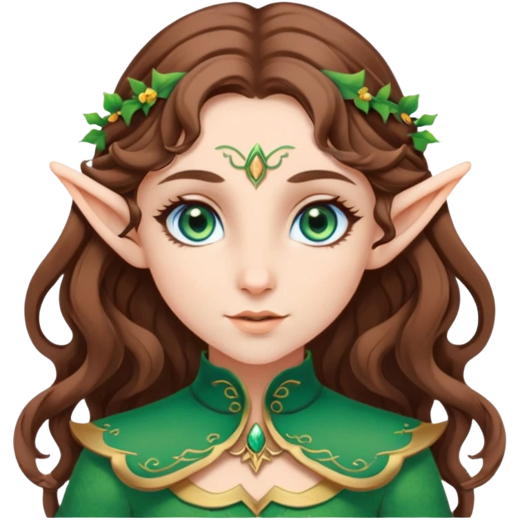 An elf girl with big green-blue eyes, medium length brown wavy hair and white skin emoji
