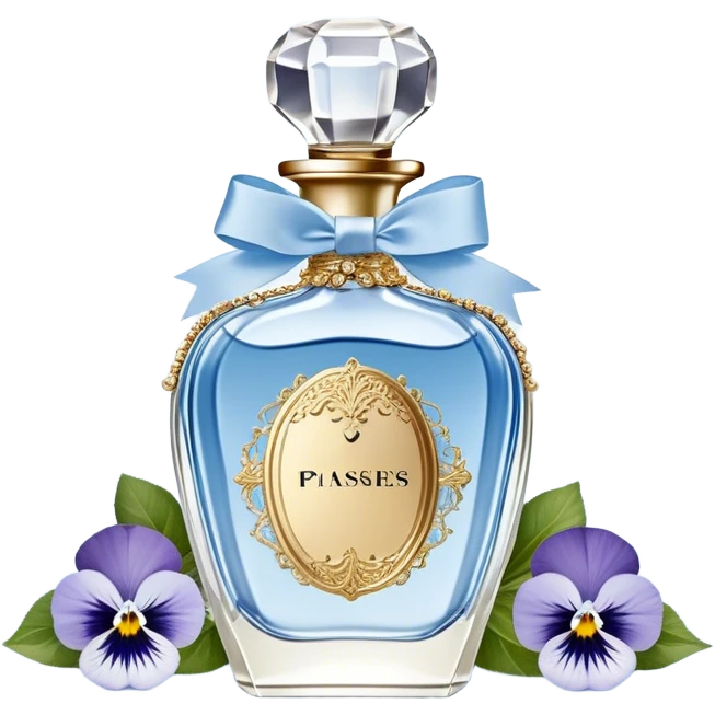 gainst a powdery blue silk backdrop, a vintage crystal perfume bottle with delicate gold filigree detailing catches the soft glow of the morning light. A silken ivory ribbon, loosely tied around its slender neck, cascades onto the fabric, creating soft folds. Scattered around the bottle, pale blue and creamy white pansies rest gently, their petals carrying hints of pearl-like shimmer. A few stray petals, kissed by the golden light, add a touch of delicate imperfection, evoking a sense of quiet romance. emoji