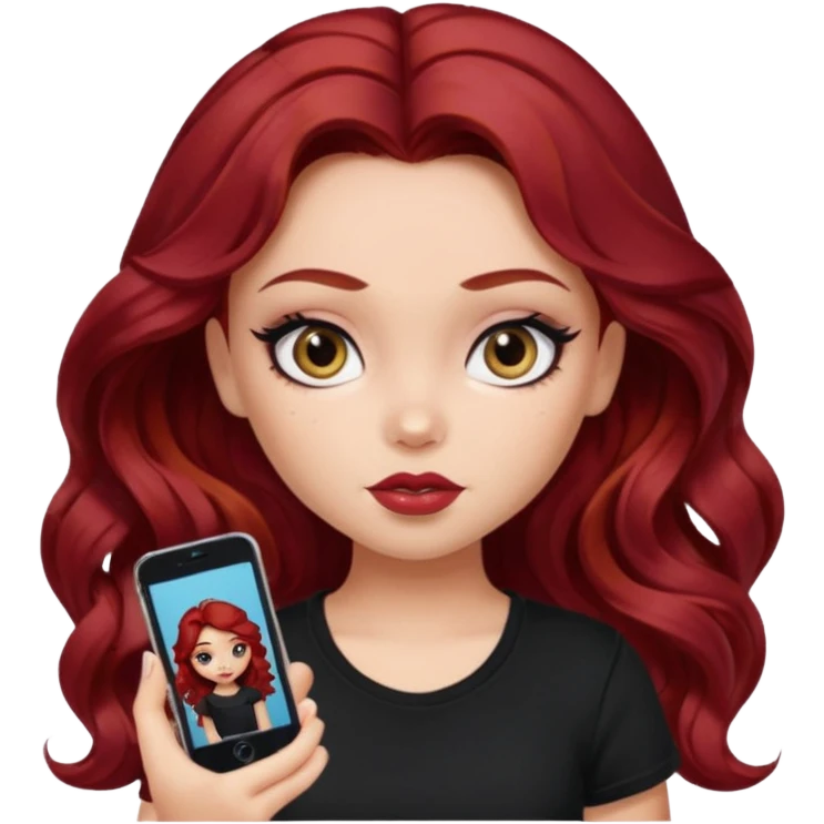 a pretty fair bratz girl with wavy dark red hair, wearing a black tee. eyeliner on emoji