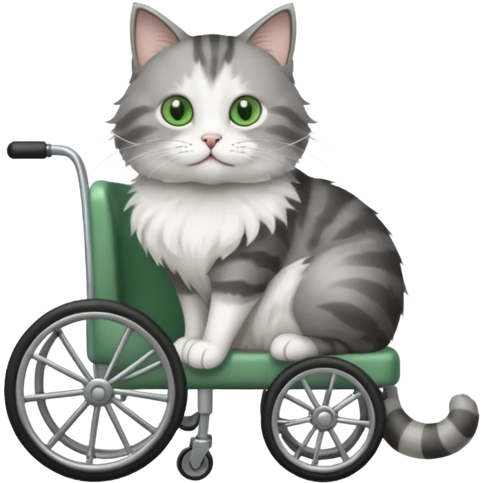 grey and white cat in a cat wheelchair emoji