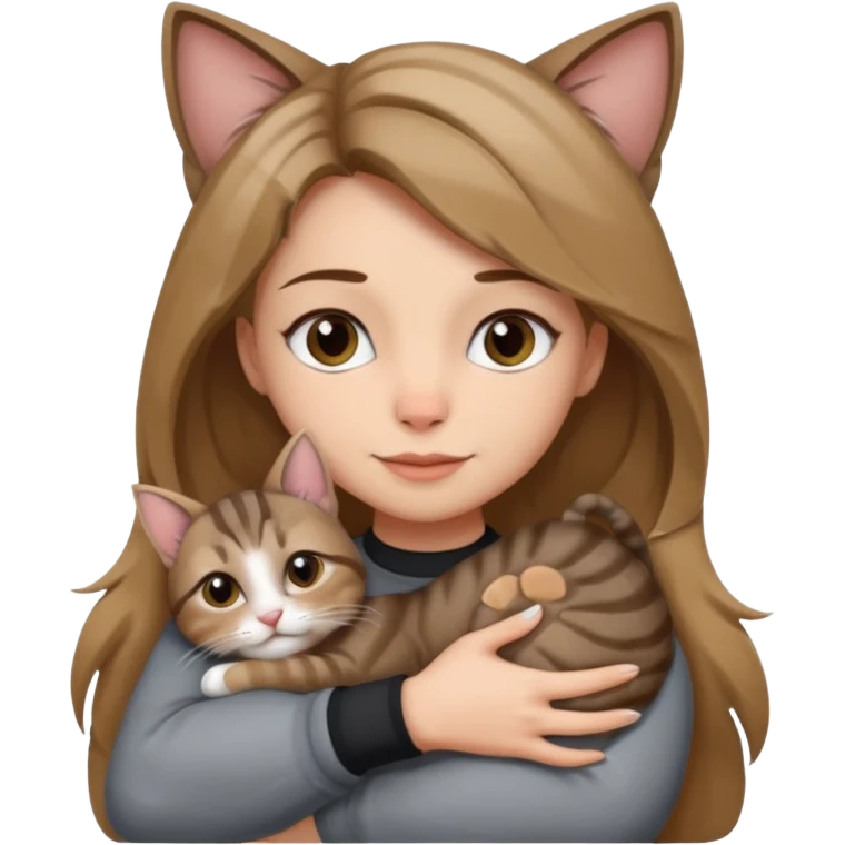 Une femme avec les cheveux dégradée, brun et blond, qui fait un câlin à son chat gris, tigré avec les extrémités que pattes pointe d’oreilles noires et le dessous du menton blanc emoji