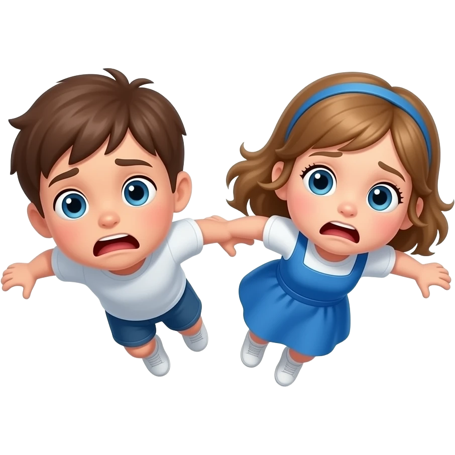 chico y chica caiendo del cielo asustados, el chico castanyo i con pelo corto y la chica pelo suelto y un poco rubia pero castaño y los dos tienen ojos azules son hermanos la chica con la ropa blanca i  vestido azul caiendo de un agujero negro emoji