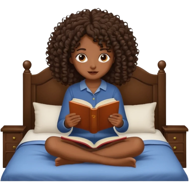 Una chica morena de pelo rizado leyendo sentada en la cama emoji