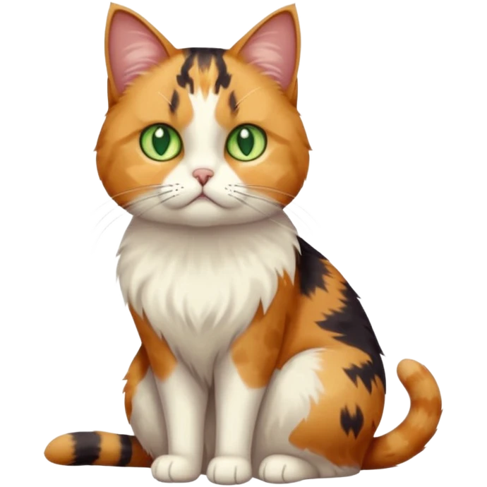 full body calico cat with skinny head and fat body with an anxious face emoji
