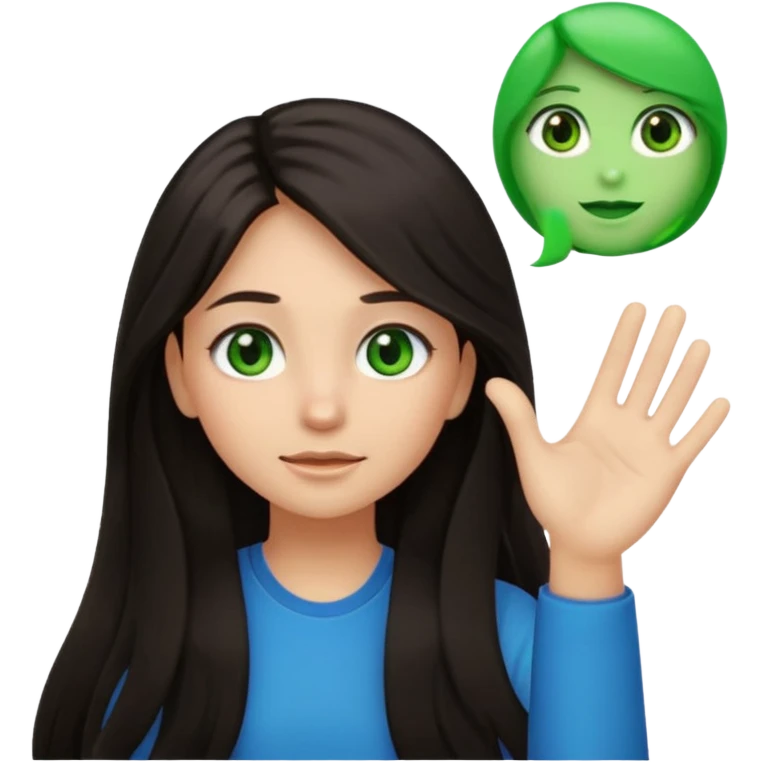 Animated girl dark long hair green eyes emoji holding right side of the head with her hand with duh facial expression  emoji