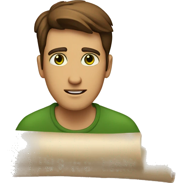 a light-skinned green-eyed man with brown hair sitting in front of the paper scroll  emoji