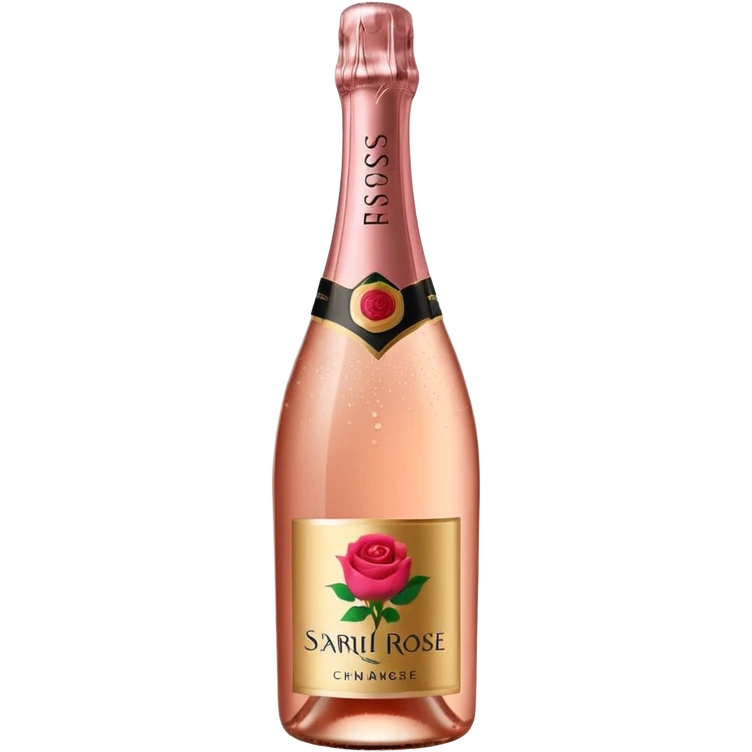 bottle of sparkling rosé champagne with a rose logo on the label, tilted up and to the right, no glass emoji