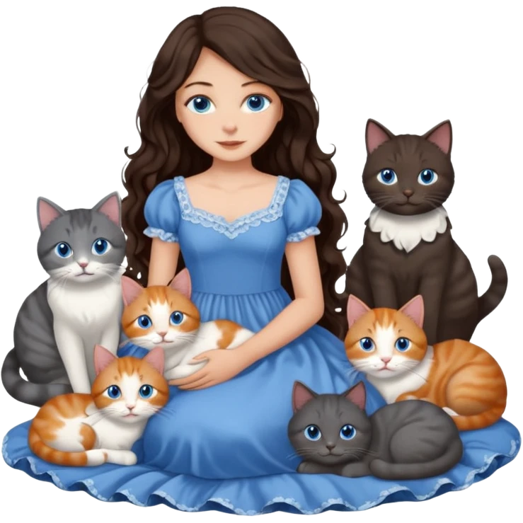 detailed realistic looking a dark grey and white cat regally laying with six other cats, cuddling with their owner in bed who is a pretty bratz lightly tanned white girl with long dark brown hair, blue eyes and gorgeous long wavy hair wearing a pretty detailed dress emoji