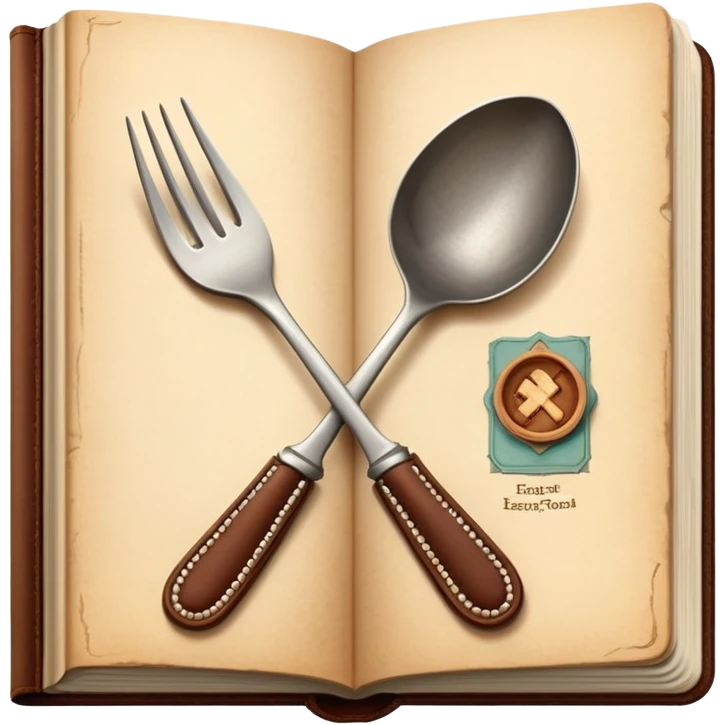 Cookbook with crossed fork and spoon emblem on its cover, recipe collection emoji