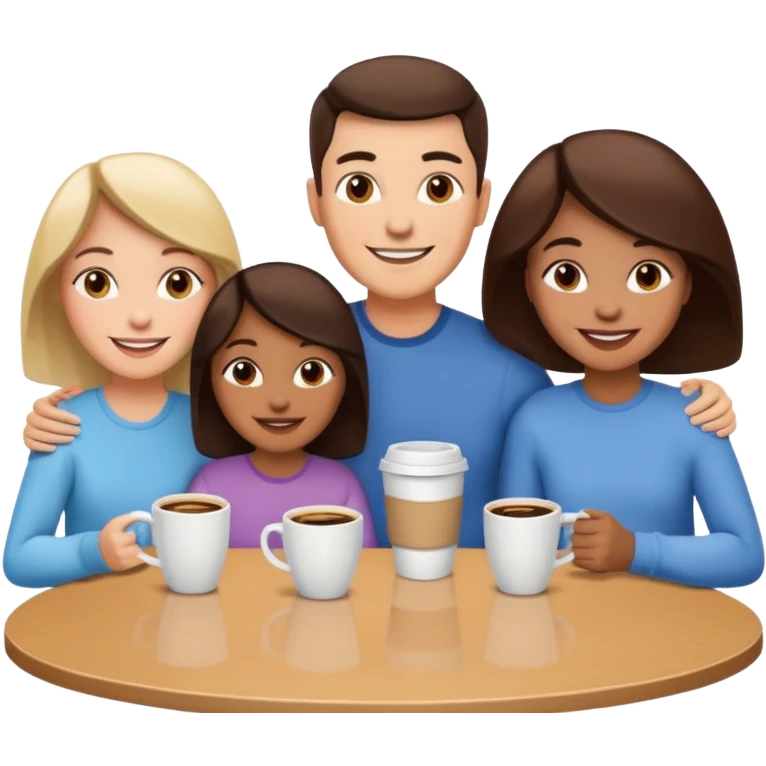 family sitting at a table with coffee cups emoji