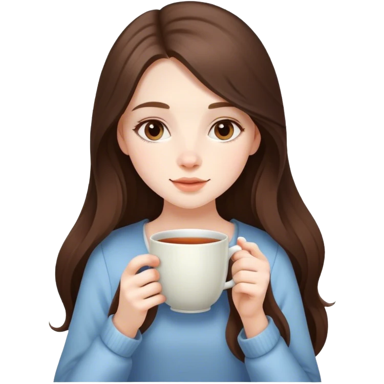  beautiful pale brunette girl with long hair drinking tea from a big cup emoji