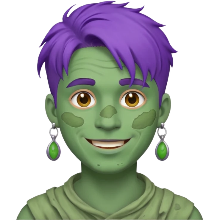 purple haired man with full full face dirty messy green clay mask and earrings happy  emoji