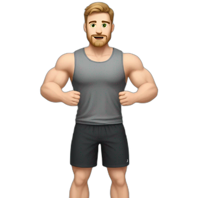 Full height Actively gesturing with hands Pale skinned Fit Man With the biceps and brown hair in dark gray Sleeveless Mike, black oversize sports shorts, watch and white Sneakers emoji